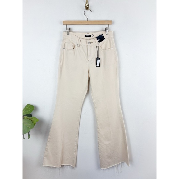 NWT Express 70s Flare Mid-Rise Raw Hem Cream Jeans Sz 2 - Picture 3 of 11